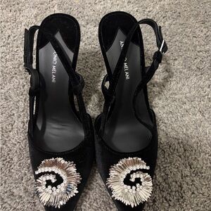 ANTONIO MELANI Black Velvet Slingback Pumps with Crystal Rosettes